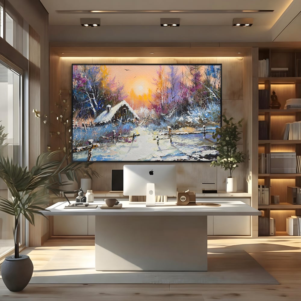 Tablou canvas cu tablou canvas cu peisaj de iarna, in rama de aluminiu negru, pe perete intr-un birou